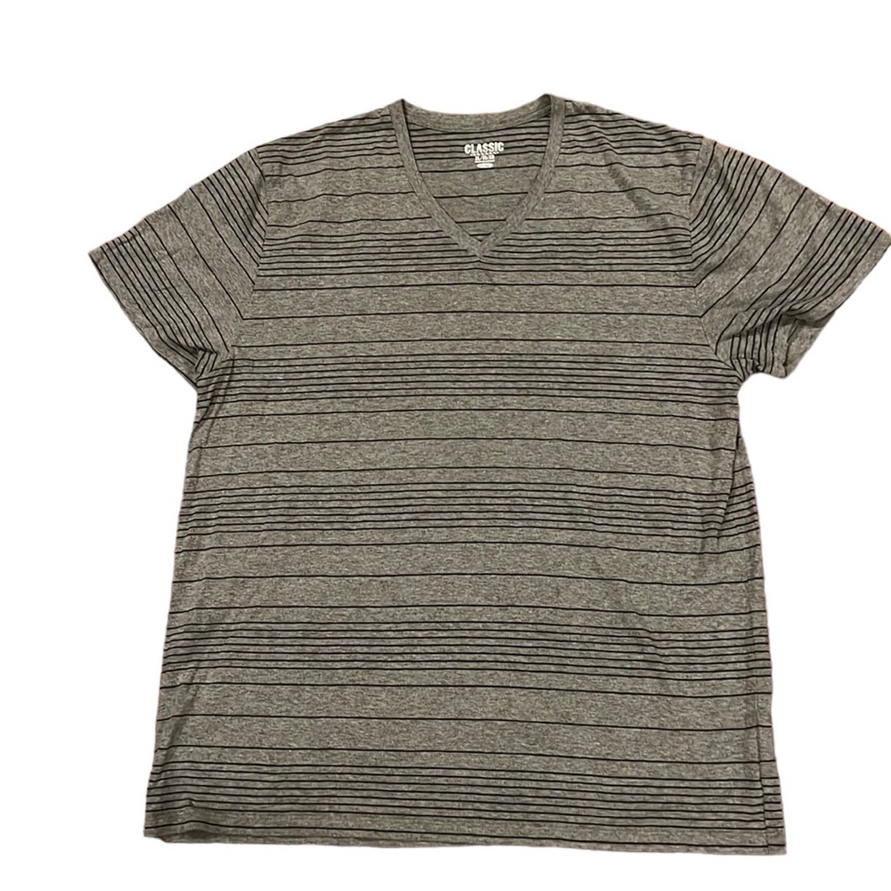 Gray V-Neck Short Sleeved Tee with Stripes Size XL.